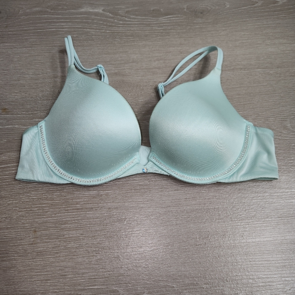 Vtg Victoria Secret Very Sexy Padded Push Up Bra Mint Blue Bling, 34B,Rhinestone
